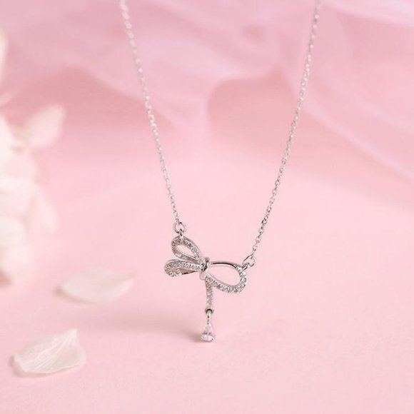 NEW 925 Sterling Silver Diamond Bow knot Necklace - Picture 7 of 11